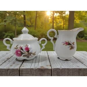 Vintage Unmarked Japan Pink Rose Creamer Pitcher & Sugar Bowl Gold Trim Floral